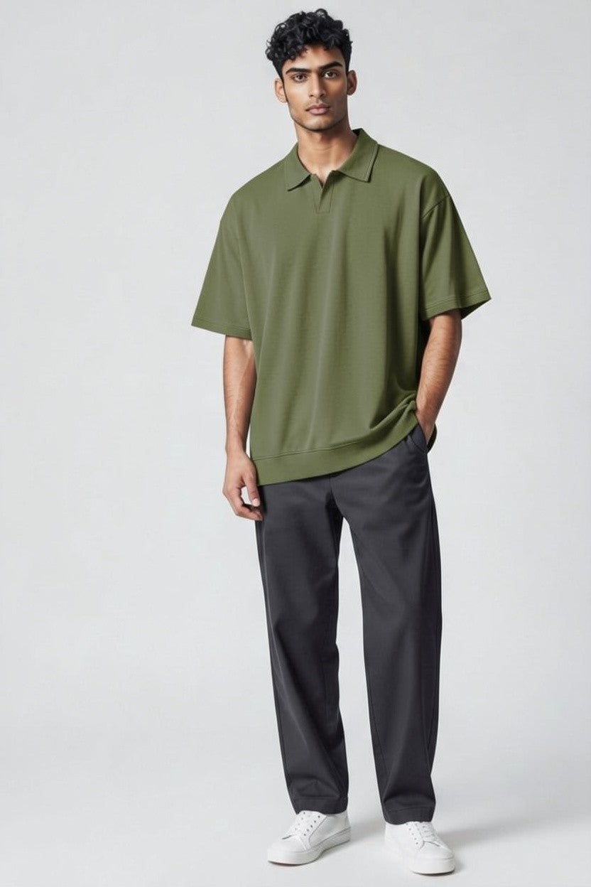 ZIL Army Green Polo | بولو قطن أوفرسايز زيتي