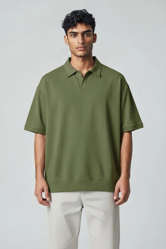 ZIL Army Green Polo | بولو قطن أوفرسايز زيتي