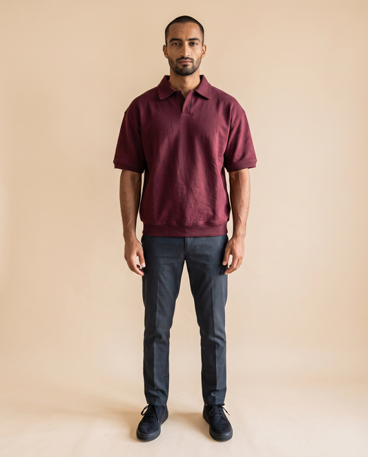 ZIL Burgundy Polo on model, studio