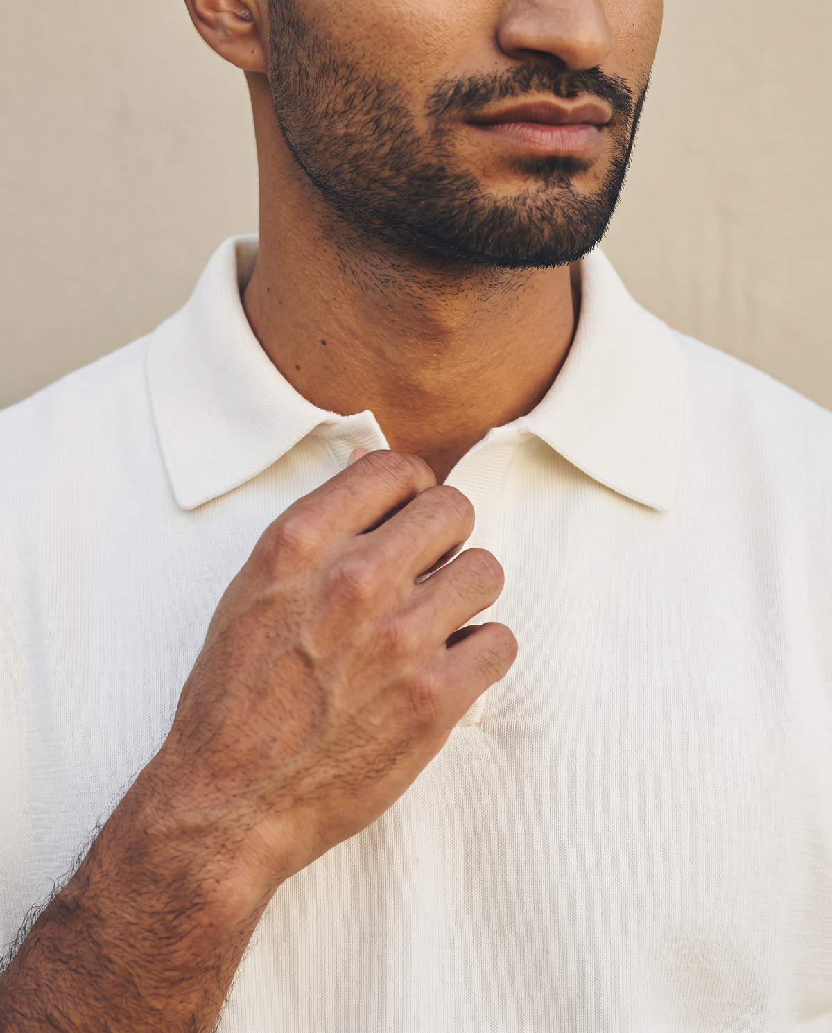 ZIL Off White Polo on model, collar detail