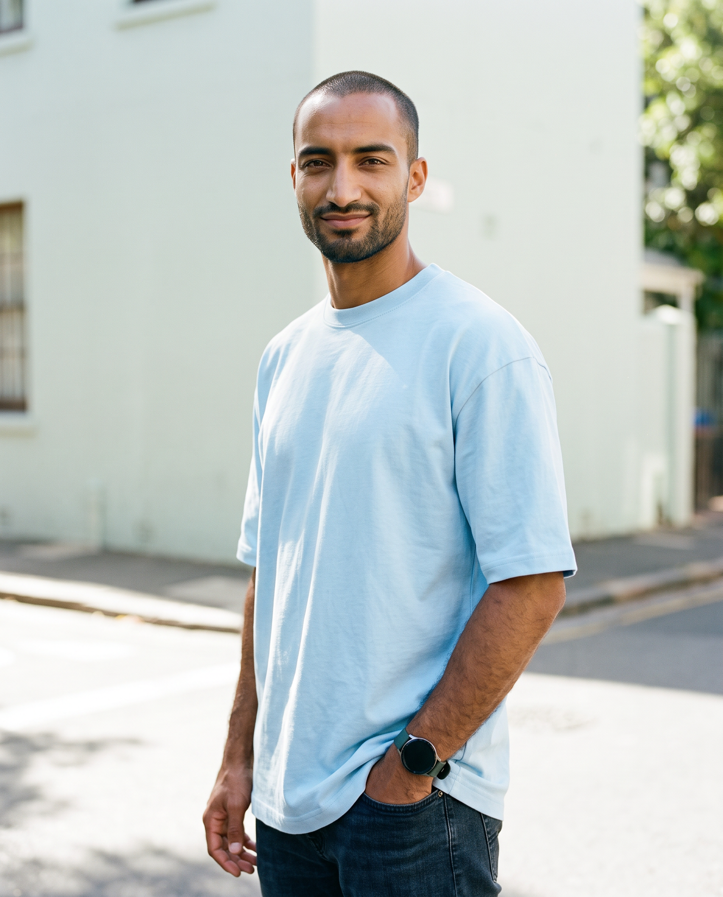 ZIL Light Blue Oversized Tee on model, street