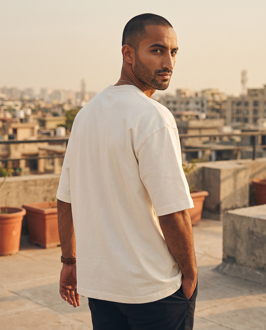 ZIL Off White Oversized Tee on model, back, loose fit