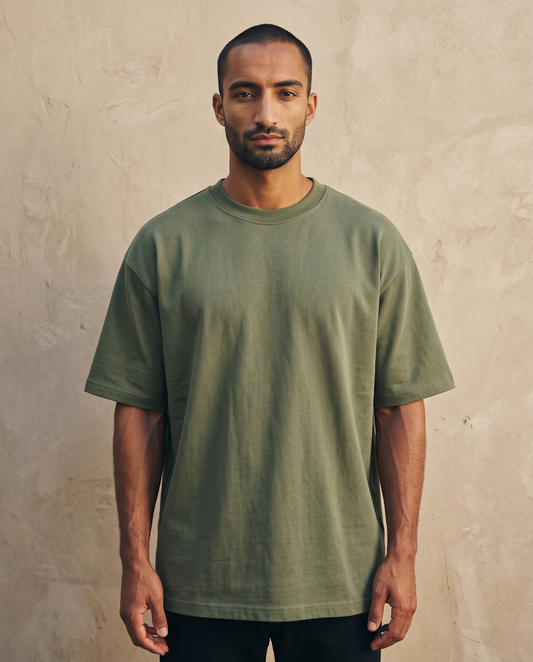 ZIL Army Green Oversized Tee on model, wall, loose fit