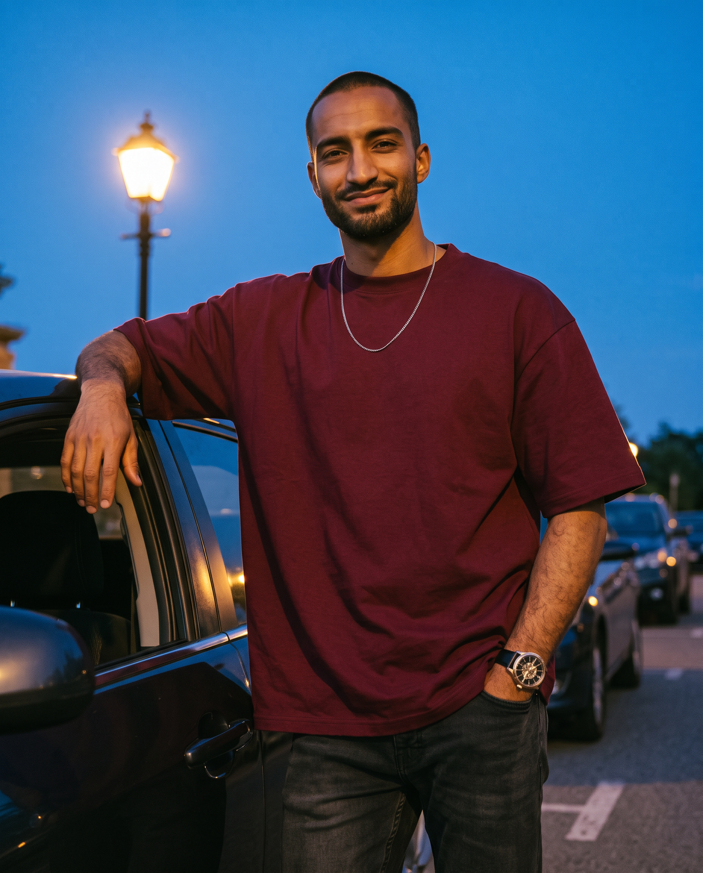 ZIL Burgundy Oversized Tee on model, dusk, loose fit