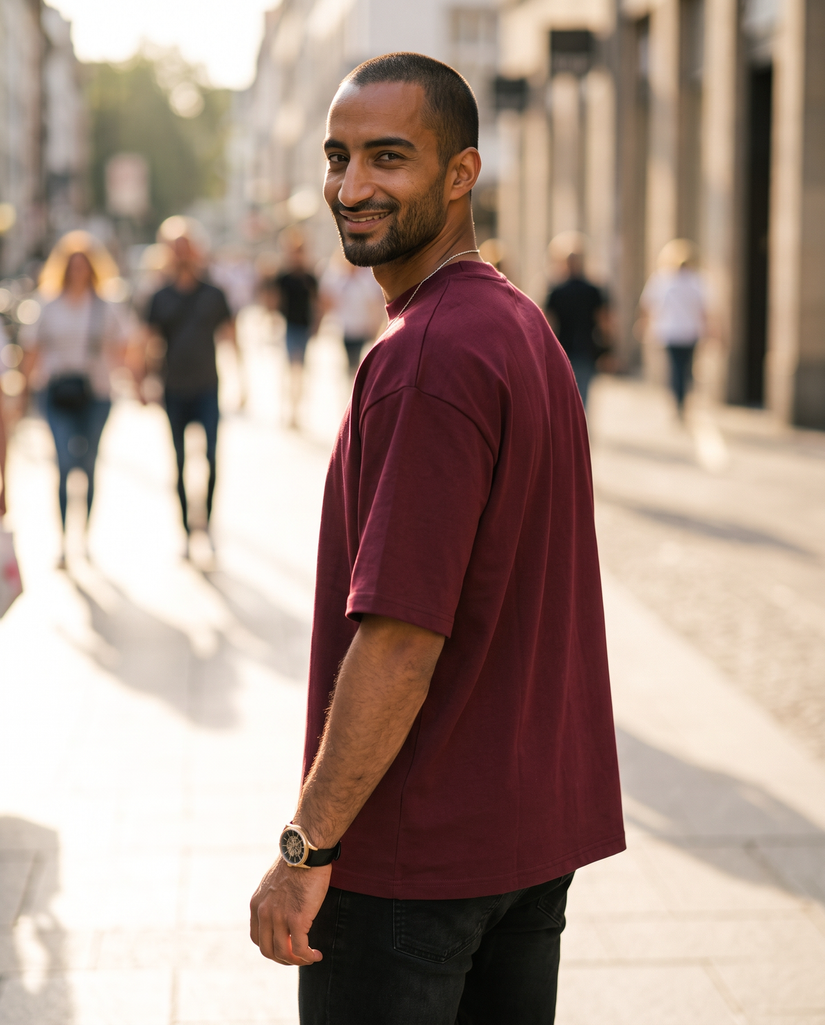 ZIL Burgundy Oversized Tee on model, street, loose fit