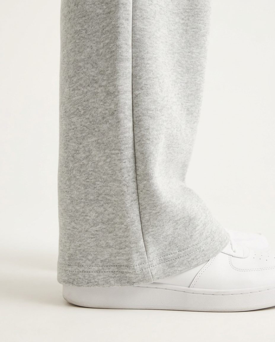 ZIL light gray wide leg pants, close up of the straight open hem