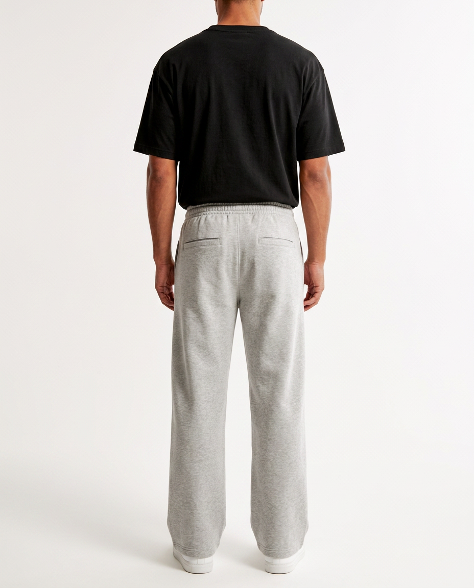 ZIL light gray wide leg pants, back view showing the two welt back pockets