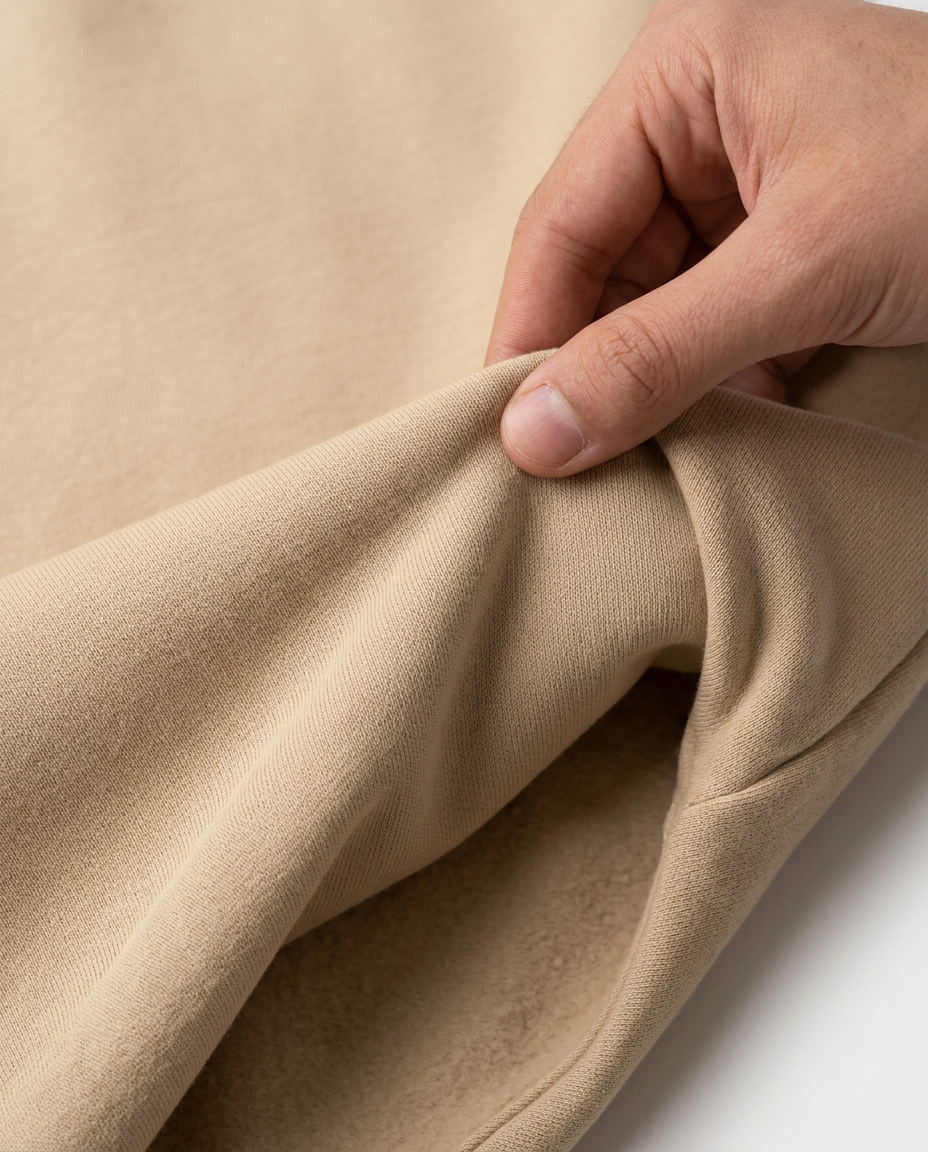 ZIL beige wide leg pants, fabric close up showing the heavyweight jersey
