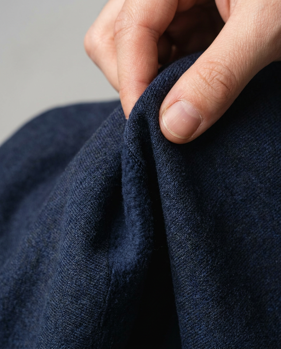 ZIL navy blue wide leg pants, fabric close up showing the heavyweight heather jersey