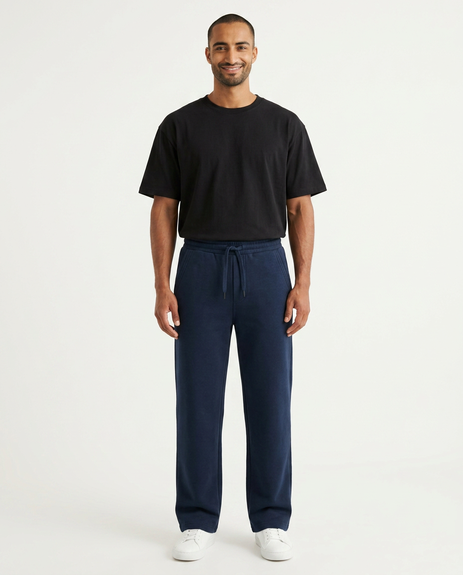 ZIL navy blue wide leg pants, front view on model