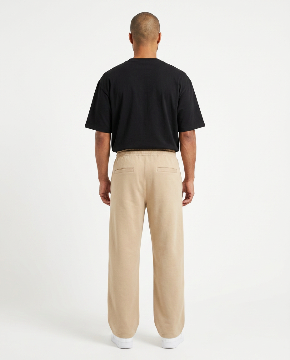 ZIL beige wide leg pants, back view showing the two welt back pockets
