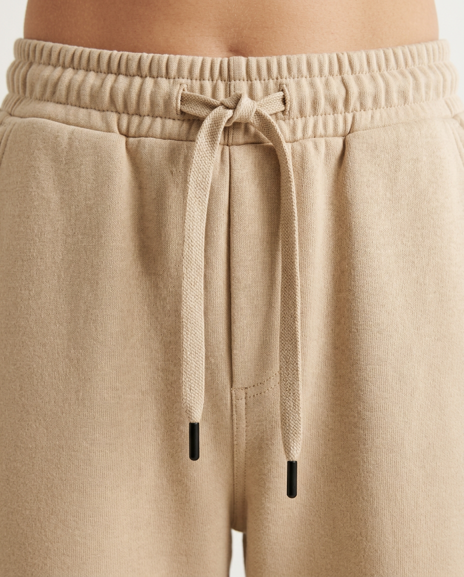 ZIL beige wide leg pants, close up of the elasticated waistband and flat drawcord