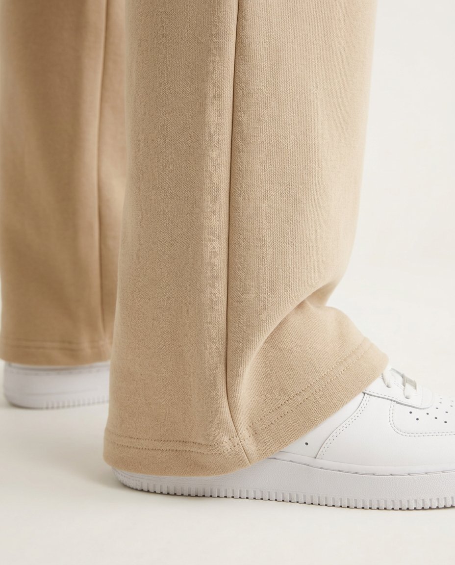 ZIL beige wide leg pants, close up of the straight open hem