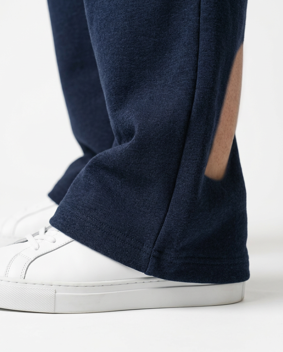 ZIL navy blue wide leg pants, close up of the straight open hem