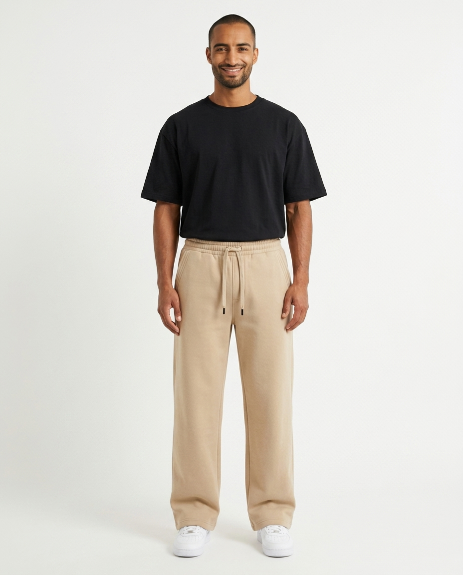 ZIL beige wide leg pants, front view on model