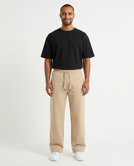 ZIL beige wide leg pants, front view on model