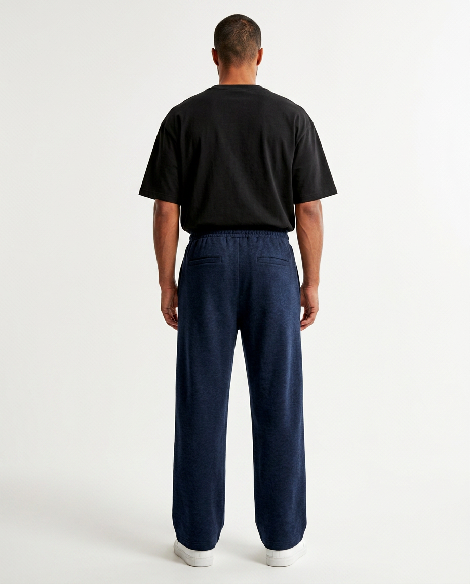 ZIL navy blue wide leg pants, back view showing the two welt back pockets