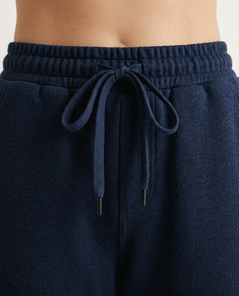 ZIL navy blue wide leg pants, close up of the elasticated waistband and flat drawcord